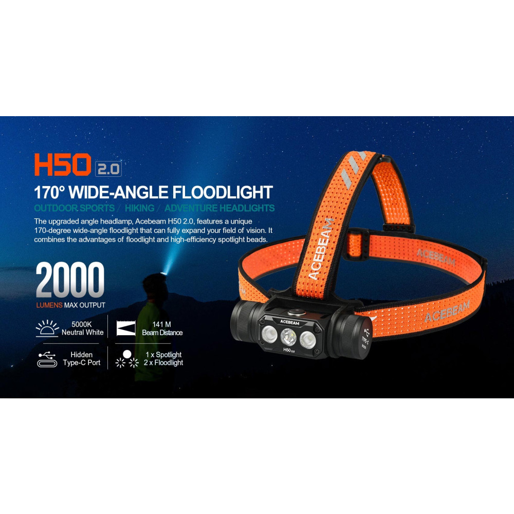 AceBeam H50 2.0 High Performance Spot/Flood High CRI Rechargeable 2000 Lumen Headlamp - 141 Metres