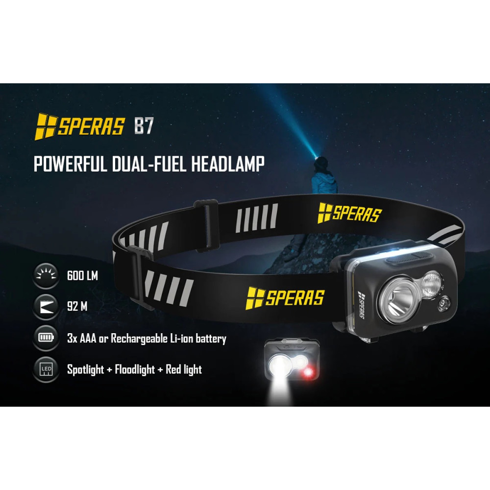 SPERAS B7 Dual-Fuel Lightweight 600 Lumen Headlamp with Red Light - 92 Metres