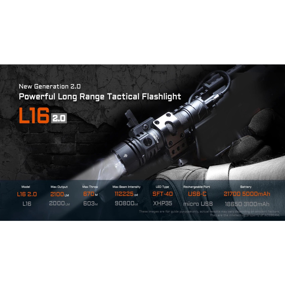 AceBeam L16 2.0 Rechargeable Compact 2100 Lumen Tactical Flashlight - 670 Metres