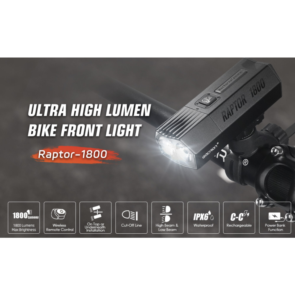 Gaciron Raptor-1800 Rechargeable 1800 Lumen Front Bike Light with Wireless Remote Switch