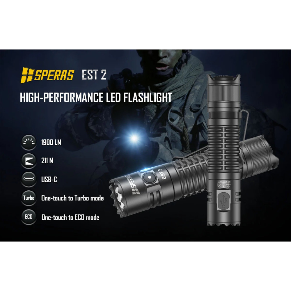 SPERAS EST2 Compact Rechargeable 1900 Lumen Tactical Torch, 211 Metres