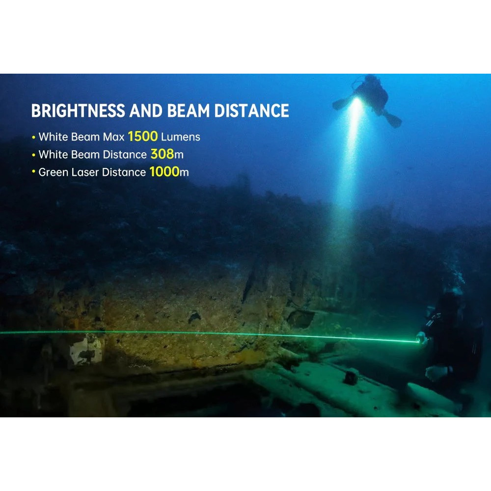 OrcaTorch D570-GL 2.0 Dive Torch, 1500 Lumen White Light, and 5mW Green Laser Light